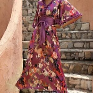 Purple Abstract Print Tassel Maxi Dress, Bohemian V Neck Half Sleeve M